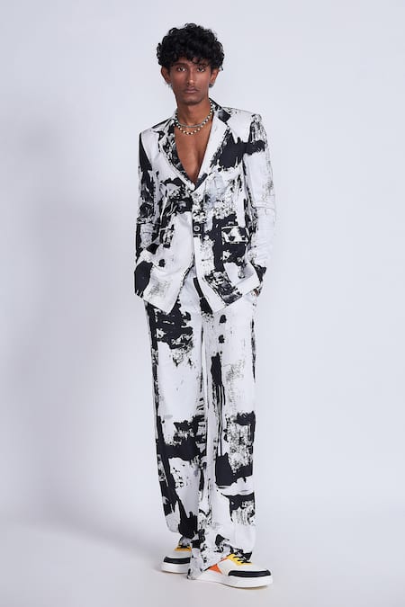Buy_Advait_Black Satin, Twill And White Abstract Print Blazer _Online_at_Aza_Fashions