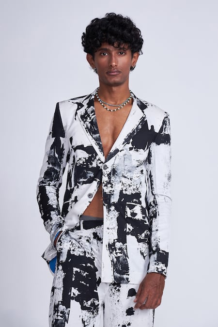Buy_Advait_Black Satin, Twill And White Abstract Print Trouser _Online_at_Aza_Fashions