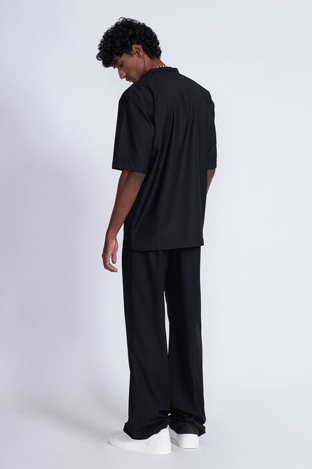 Shop_Advait_Black Polyester, Cotton Wide Legged Trouser _at_Aza_Fashions