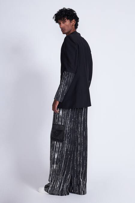 Shop_Advait_Black Polyester, Cotton Stripe Printed Blazer _at_Aza_Fashions