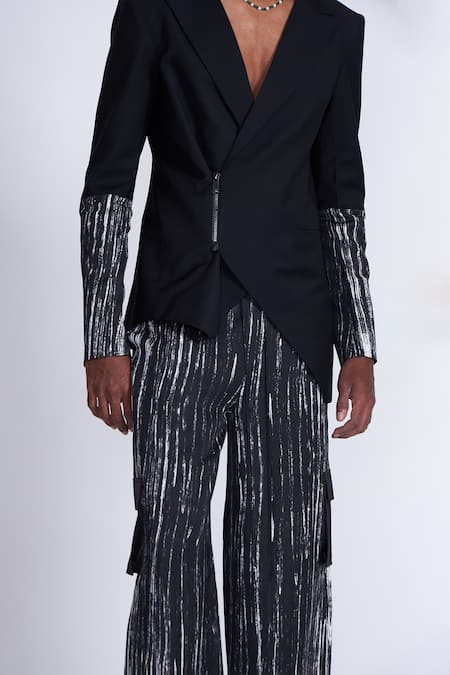 Advait_Black Polyester, Cotton Stripe Printed Blazer _Online_at_Aza_Fashions