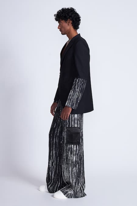 Buy_Advait_Black Polyester, Cotton Stripe Printed Blazer _Online_at_Aza_Fashions