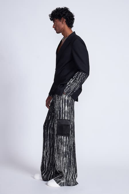 Shop_Advait_Black Polyester, Cotton Stripe Printed Blazer _Online_at_Aza_Fashions