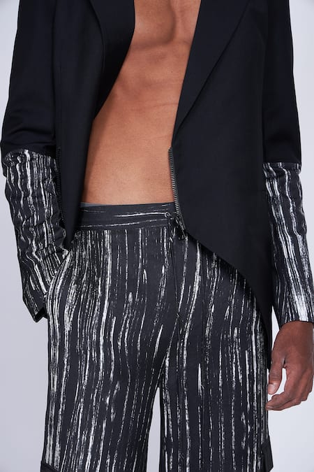 Advait_Black Polyester, Cotton Stripe Printed Blazer _at_Aza_Fashions