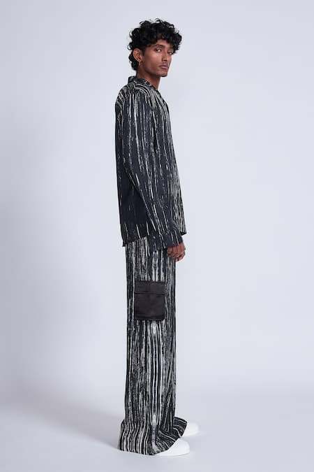 Advait_Black Satin Stripe Print Wide Leg Trouser _Online_at_Aza_Fashions