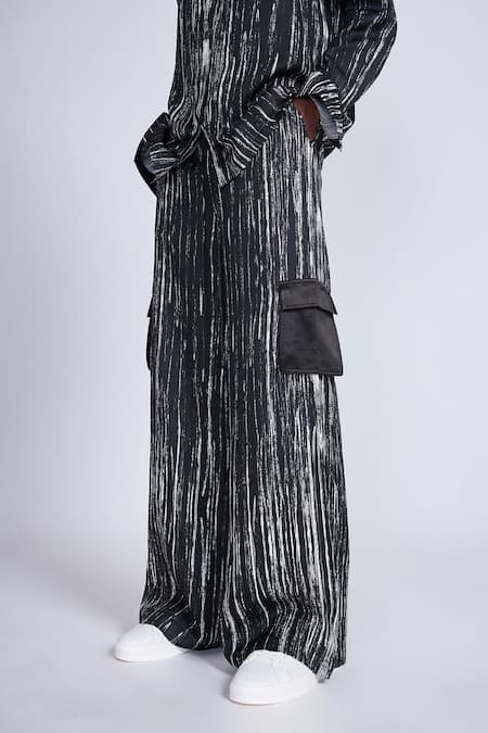 Buy_Advait_Black Satin Stripe Print Wide Leg Trouser _Online_at_Aza_Fashions