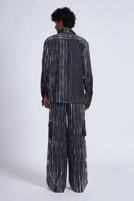 Shop_Advait_Black Satin Stripe Print Wide Leg Trouser _at_Aza_Fashions