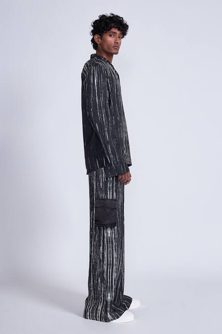 Advait Black Satin Stripe Print Twill Shirt Online at Aza Fashions Advait_Black Satin Stripe Print Twill Shirt _Online_at_Aza_Fashions