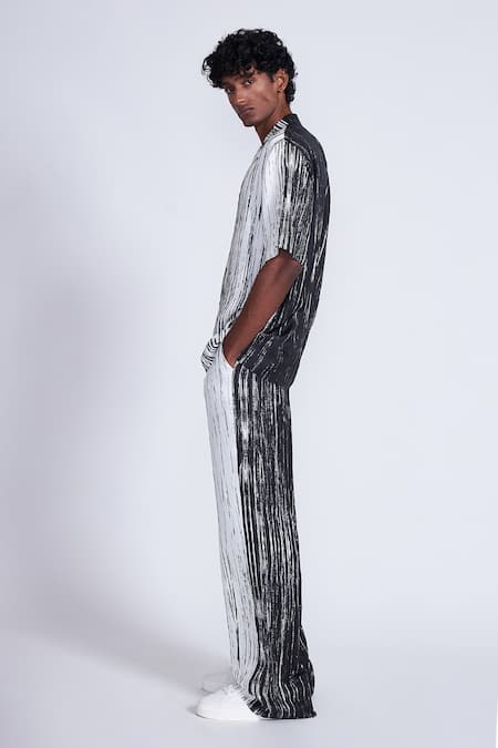 Advait_Black Satin, Twill Colorblock Stripe Printed Trouser _Online_at_Aza_Fashions