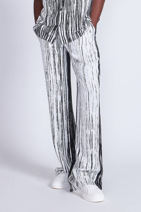 Shop_Advait_Black Satin, Twill Colorblock Stripe Printed Trouser _Online_at_Aza_Fashions