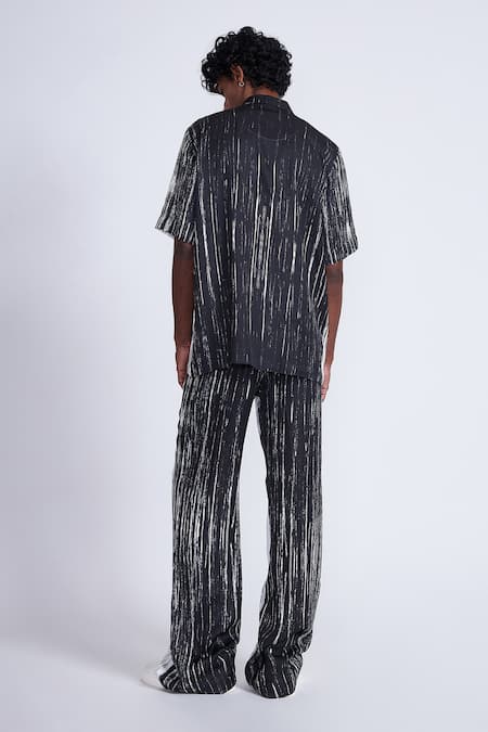Shop_Advait_Black Satin, Twill Colorblock Stripe Printed Trouser _at_Aza_Fashions