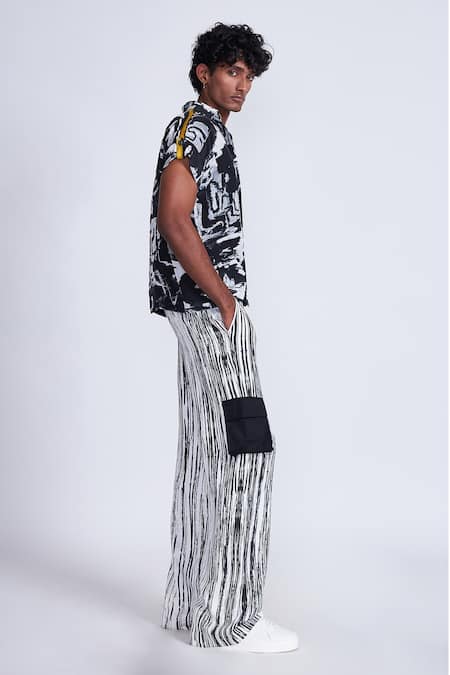 Advait_Black Satin, Twill Colorblock Stripe Printed Trouser _Online_at_Aza_Fashions