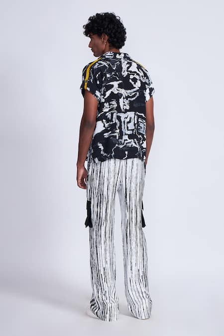 Shop_Advait_Black Satin, Twill Colorblock Stripe Printed Trouser _at_Aza_Fashions