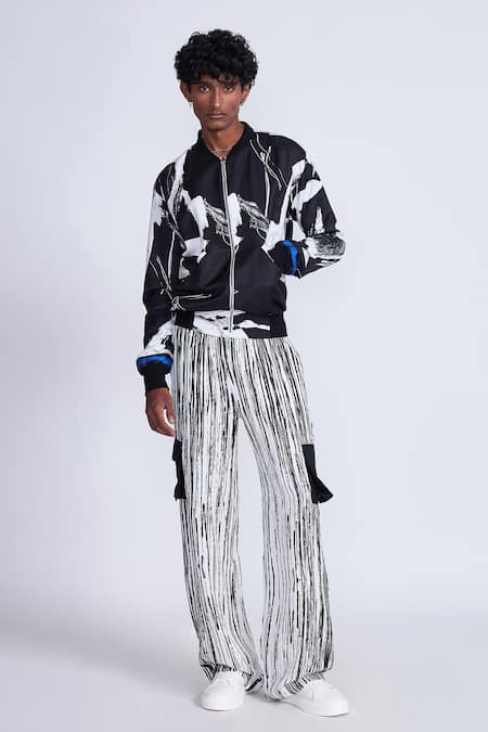 Shop_Advait_Black Satin Abstract Print Bomber Jacket _Online_at_Aza_Fashions