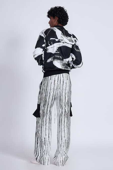 Shop_Advait_Black Satin Abstract Print Bomber Jacket _at_Aza_Fashions