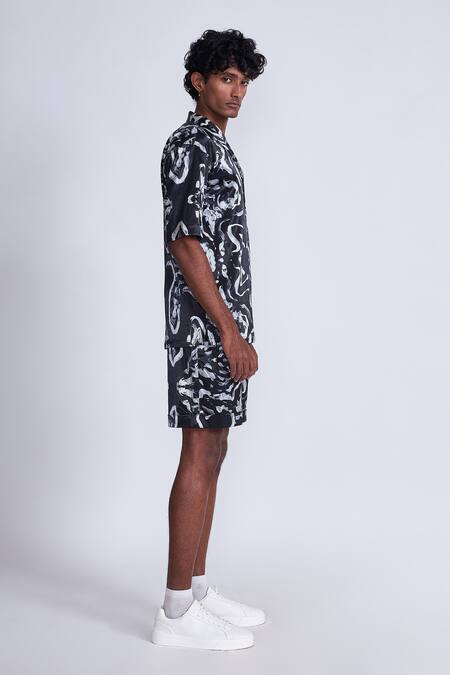 Advait Black Silk Swirl Print Bowling Shirt Online at Aza Fashions Advait_Black Silk Swirl Print Bowling Shirt _Online_at_Aza_Fashions
