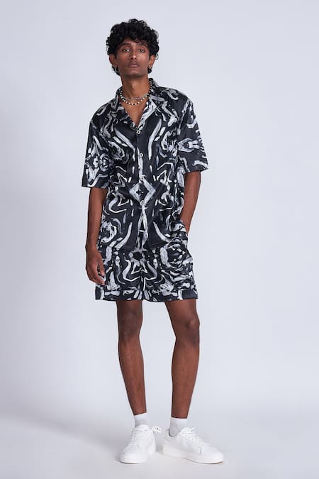Buy Advait Black Silk Swirl Print Bowling Shirt Online at Aza Fashions Buy_Advait_Black Silk Swirl Print Bowling Shirt _Online_at_Aza_Fashions