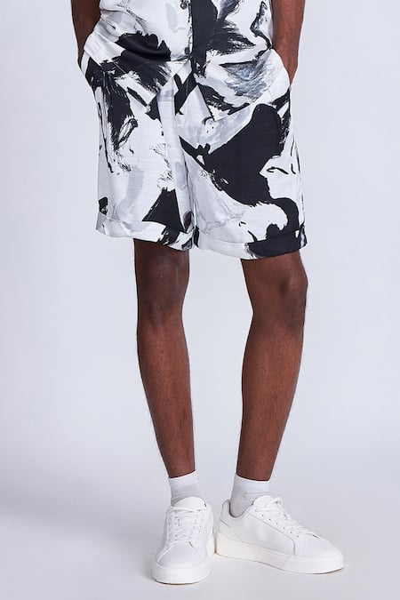 Advait_Black Satin And White Paint Splash Print Shorts _Online_at_Aza_Fashions
