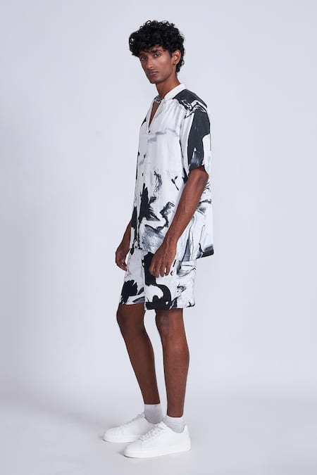 Buy_Advait_Black Satin And White Paint Splash Print Shorts _Online_at_Aza_Fashions
