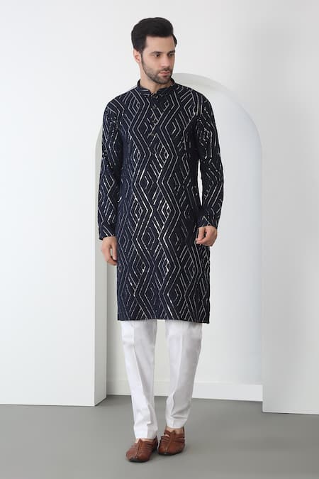 Shop Aham-Vayam Black Cotton Sequins, Embroidery Kurta Set With Pant Online at Aza Fashions Shop_Aham-Vayam_Black Cotton Sequins, Embroidery Kurta Set With Pant _Online_at_Aza_Fashions