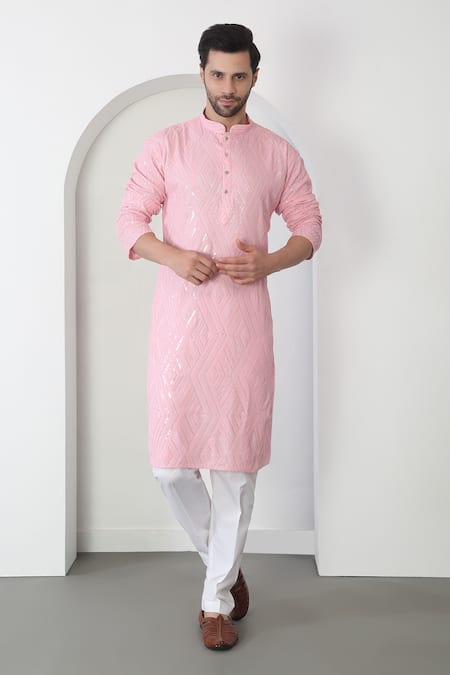 Aham-Vayam Pink Cotton Sequins, Embroidery Barfi Kurta Set Online at Aza Fashions Aham-Vayam_Pink Cotton Sequins, Embroidery Barfi Kurta Set _Online_at_Aza_Fashions