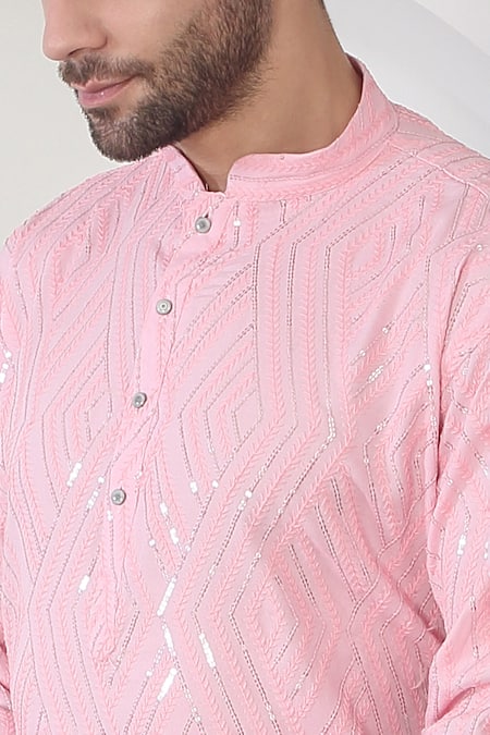 Shop Aham-Vayam Pink Cotton Sequins, Embroidery Barfi Kurta Set Online at Aza Fashions Shop_Aham-Vayam_Pink Cotton Sequins, Embroidery Barfi Kurta Set _Online_at_Aza_Fashions