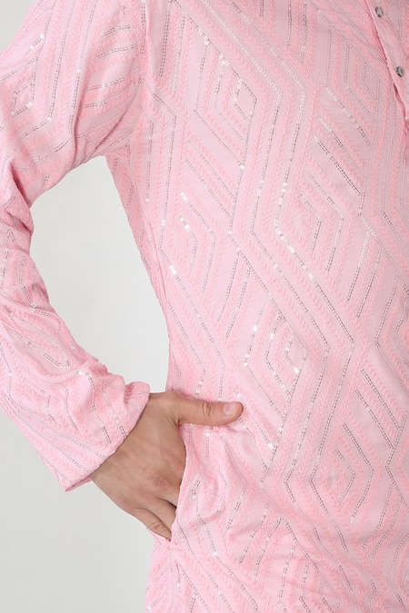 Aham-Vayam Pink Cotton Sequins, Embroidery Barfi Kurta Set at Aza Fashions Aham-Vayam_Pink Cotton Sequins, Embroidery Barfi Kurta Set _at_Aza_Fashions