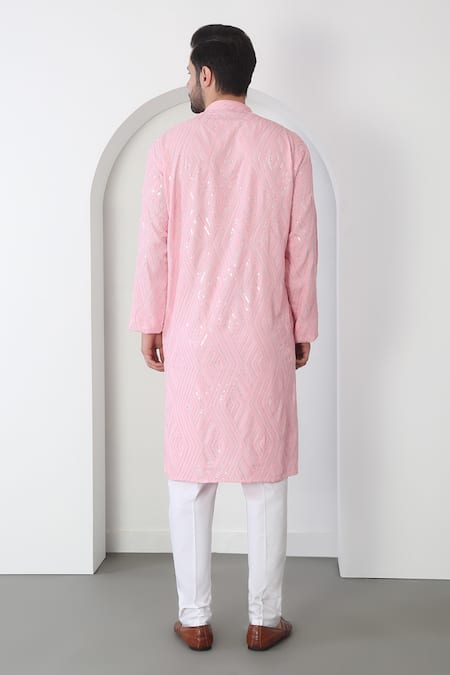 Shop Aham-Vayam Pink Cotton Sequins, Embroidery Barfi Kurta Set at Aza Fashions Shop_Aham-Vayam_Pink Cotton Sequins, Embroidery Barfi Kurta Set _at_Aza_Fashions