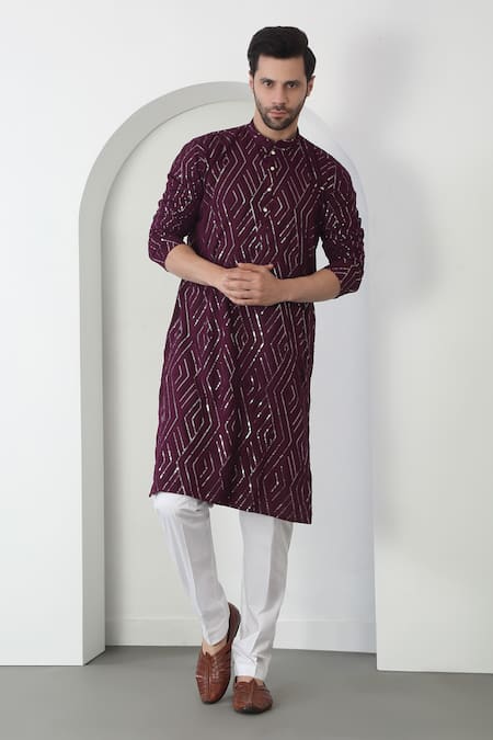 Aham-Vayam Wine Barfi Embroidered Cotton Kurta Set 