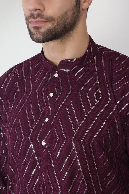 Aham-Vayam Wine Cotton Sequins, Embroidery Barfi Kurta Set Online at Aza Fashions Aham-Vayam_Wine Cotton Sequins, Embroidery Barfi Kurta Set _Online_at_Aza_Fashions