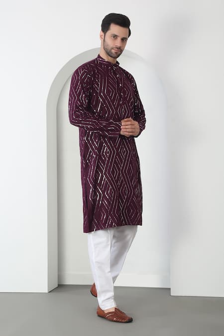 Aham-Vayam Wine Cotton Sequins, Embroidery Barfi Kurta Set at Aza Fashions Aham-Vayam_Wine Cotton Sequins, Embroidery Barfi Kurta Set _at_Aza_Fashions