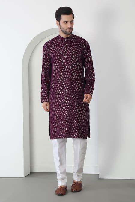 Buy Aham-Vayam Wine Cotton Sequins, Embroidery Barfi Kurta Set Buy_Aham-Vayam_Wine Cotton Sequins, Embroidery Barfi Kurta Set