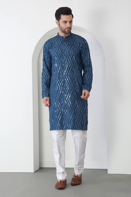 Aham-Vayam Blue Cotton Sequins Barfi Embroidered Kurta Set Online at Aza Fashions Aham-Vayam_Blue Cotton Sequins Barfi Embroidered Kurta Set _Online_at_Aza_Fashions