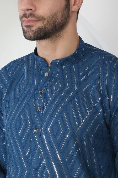 Buy Aham-Vayam Blue Cotton Sequins Barfi Embroidered Kurta Set Online at Aza Fashions Buy_Aham-Vayam_Blue Cotton Sequins Barfi Embroidered Kurta Set _Online_at_Aza_Fashions