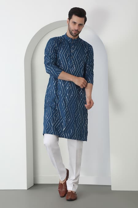 Shop Aham-Vayam Blue Cotton Sequins Barfi Embroidered Kurta Set Online at Aza Fashions Shop_Aham-Vayam_Blue Cotton Sequins Barfi Embroidered Kurta Set _Online_at_Aza_Fashions