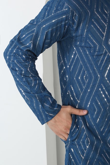 Aham-Vayam Blue Cotton Sequins Barfi Embroidered Kurta Set at Aza Fashions Aham-Vayam_Blue Cotton Sequins Barfi Embroidered Kurta Set _at_Aza_Fashions