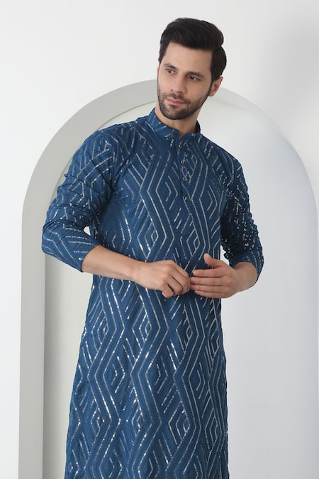 Buy Aham-Vayam Blue Cotton Sequins Barfi Embroidered Kurta Set Buy_Aham-Vayam_Blue Cotton Sequins Barfi Embroidered Kurta Set