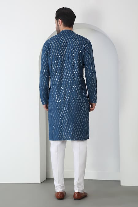 Shop Aham-Vayam Blue Cotton Sequins Barfi Embroidered Kurta Set at Aza Fashions Shop_Aham-Vayam_Blue Cotton Sequins Barfi Embroidered Kurta Set _at_Aza_Fashions