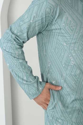Aham-Vayam_Blue Cotton Sequins, Embroidery Mint Barfi Kurta And Pant Set _at_Aza_Fashions