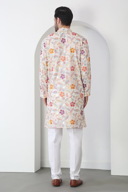 Shop_Aham-Vayam_Cream Cotton Sequins, Embroidery Pushp Tyohar Kurta Set _at_Aza_Fashions