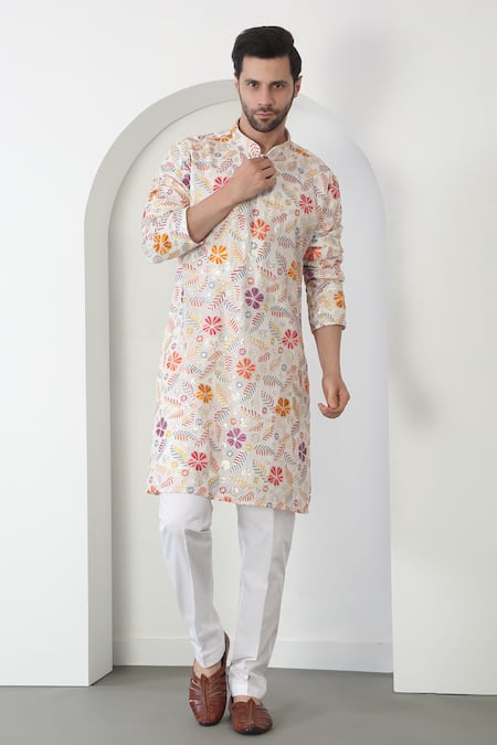 Buy_Aham-Vayam_Cream Cotton Sequins, Embroidery Pushp Tyohar Kurta Set _Online_at_Aza_Fashions