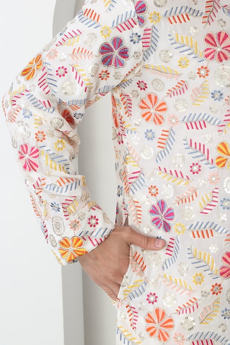 Aham-Vayam_Cream Cotton Sequins, Embroidery Pushp Tyohar Kurta Set _at_Aza_Fashions