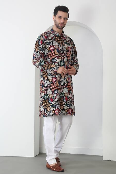 Aham-Vayam Black Cotton Sequins, Embroidery Multi Color Pushp Kala Kurta Set Online at Aza Fashions Aham-Vayam_Black Cotton Sequins, Embroidery Multi Color Pushp Kala Kurta Set _Online_at_Aza_Fashions