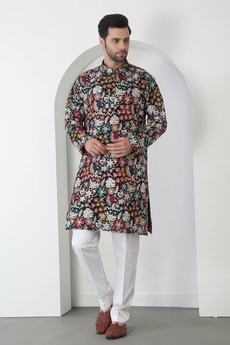 Buy Aham-Vayam Black Cotton Sequins, Embroidery Multi Color Pushp Kala Kurta Set Online at Aza Fashions Buy_Aham-Vayam_Black Cotton Sequins, Embroidery Multi Color Pushp Kala Kurta Set _Online_at_Aza_Fashions