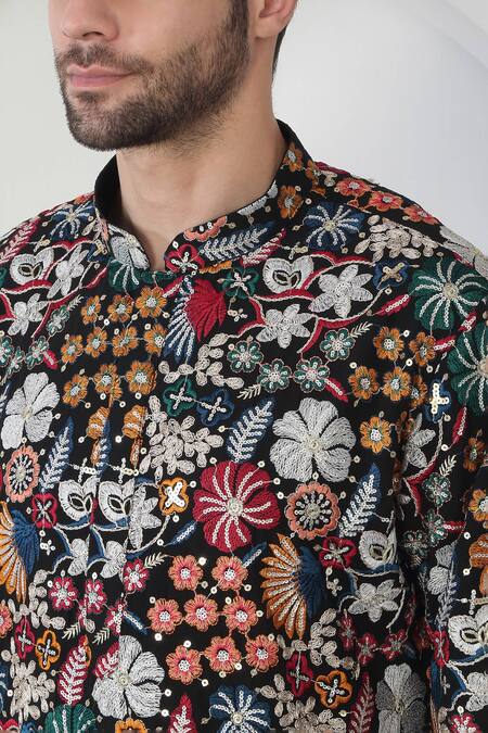 Shop Aham-Vayam Black Cotton Sequins, Embroidery Multi Color Pushp Kala Kurta Set Online at Aza Fashions Shop_Aham-Vayam_Black Cotton Sequins, Embroidery Multi Color Pushp Kala Kurta Set _Online_at_Aza_Fashions