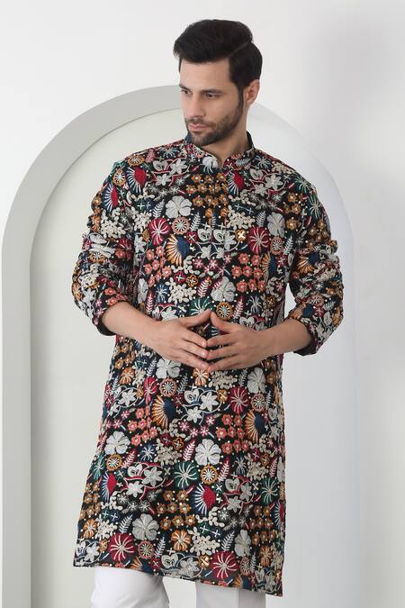 Aham-Vayam Black Cotton Sequins, Embroidery Multi Color Pushp Kala Kurta Set at Aza Fashions Aham-Vayam_Black Cotton Sequins, Embroidery Multi Color Pushp Kala Kurta Set _at_Aza_Fashions