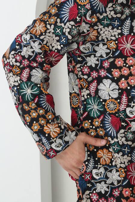 Buy Aham-Vayam Black Cotton Sequins, Embroidery Multi Color Pushp Kala Kurta Set Buy_Aham-Vayam_Black Cotton Sequins, Embroidery Multi Color Pushp Kala Kurta Set