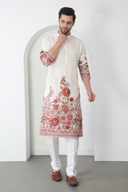Aham-Vayam White Cotton Embroidery Floral Thread Kurta Set Online at Aza Fashions Aham-Vayam_White Cotton Embroidery Floral Thread Kurta Set _Online_at_Aza_Fashions