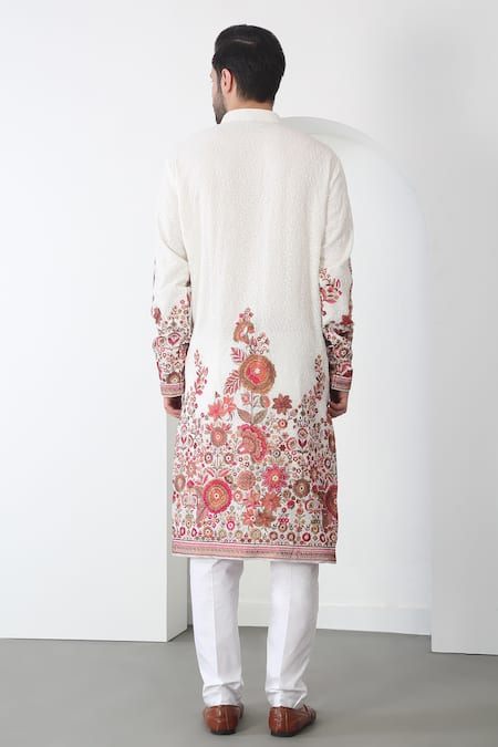 Shop Aham-Vayam White Cotton Embroidery Floral Thread Kurta Set at Aza Fashions Shop_Aham-Vayam_White Cotton Embroidery Floral Thread Kurta Set _at_Aza_Fashions