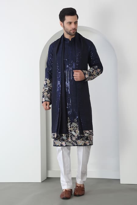Aham-Vayam Blue Cotton Embroidery, Sequins Thread Kurta Set With Dupatta Online at Aza Fashions Aham-Vayam_Blue Cotton Embroidery, Sequins Thread Kurta Set With Dupatta _Online_at_Aza_Fashions